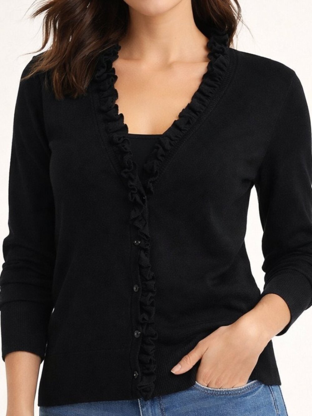 Grace Elements Silk Blend V-Neck Button‑Down Cardigan – Black, Size Small